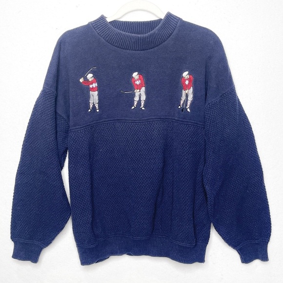 Warren Scott Vintage Golf Swing Embroidered Cotton Crewneck Sweater Navy Blue XL - Picture 1 of 8
